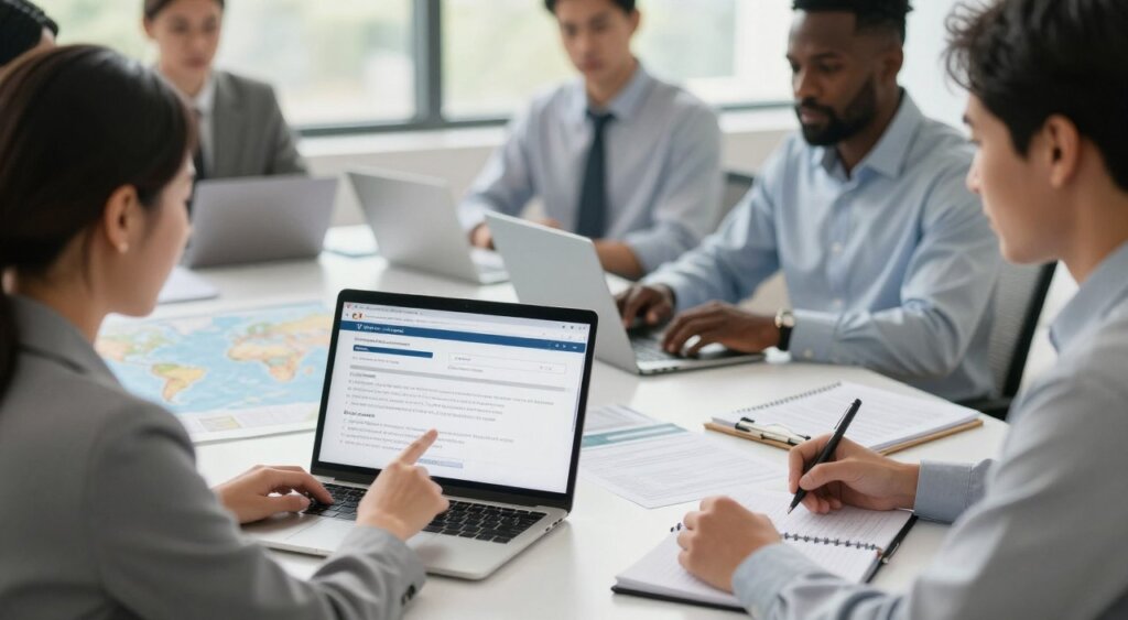 A professional office setting with a diverse group of individuals engaged in a discussion about visa status updates. In the foreground, a well-dressed woman of Asian descent points at a laptop screen displaying visa requirements and flowcharts. Next to her, a middle-aged man of Black descent takes notes on a notepad, showcasing a focused expression. The middle ground features a large table cluttered with documents, laptops, and a map of the world, symbolizing global travel and visas. The background is softly blurred but includes a window with natural light streaming in, creating an inviting atmosphere. The overall mood is one of professionalism and collaboration, captured in high-resolution, photojournalism style with natural lighting to emphasize clarity and detail.