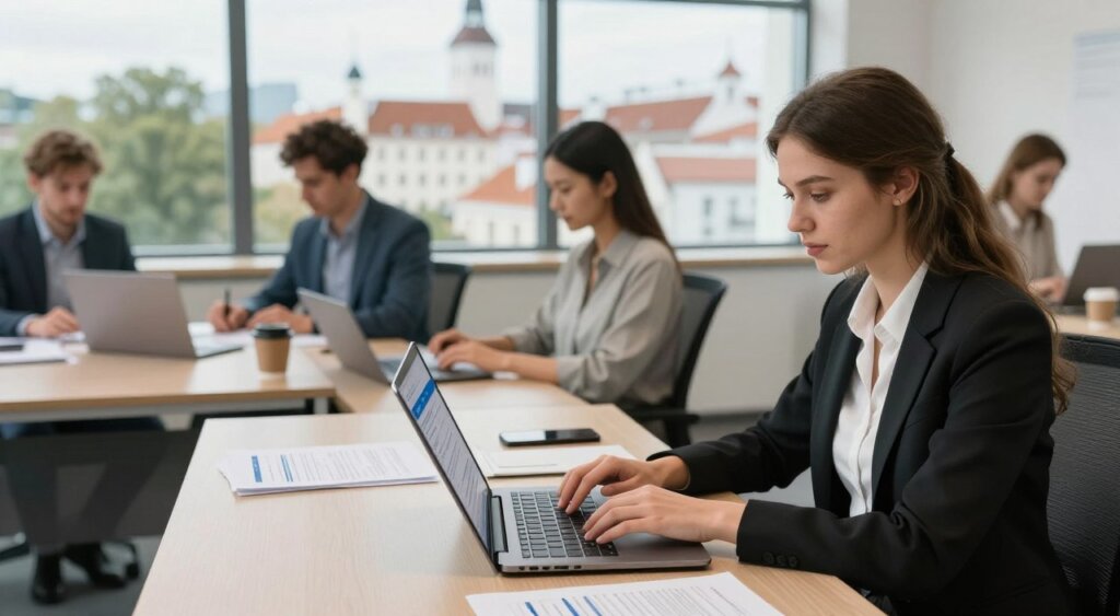 A professional office space in Tallinn, Estonia, featuring a diverse group of digital nomads engaged in the visa application process. In the foreground, one individual, a young woman in business attire, is focused on a laptop, surrounded by paperwork related to the Estonia digital nomad visa. The middle layer contains a desk with various documents, a smartphone, and a coffee cup, symbolizing productivity. In the background, a modern office window reveals Tallinn’s skyline, with historical architecture and greenery. Soft, natural lighting flows through the window, enhancing the atmosphere of focus and determination. The overall mood conveys professionalism and inspiration, capturing the spirit of remote working in Estonia.