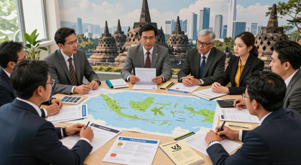 A professional photo showcasing a variety of visas related to Indonesia, presented through a polished and informative layout. In the foreground, a diverse group of individuals dressed in business attire engage in discussion around a large, detailed map of Indonesia highlighting visa categories. The middle ground features a vibrant table filled with physical visa application forms, official stamps, and brochures, emphasizing the administrative aspect of legal solutions. In the background, iconic Indonesian landmarks (like the Borobudur Temple or Jakarta skyline) subtly represent the country's cultural richness. Soft natural lighting filters in, creating a warm and inviting atmosphere reminiscent of an engaging informational session. The composition balances clarity and complexity, aiming for a National Geographic quality in realism and professionalism.