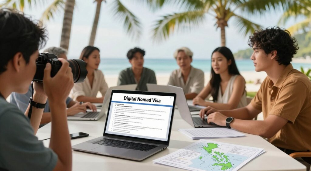 A professional photographer capturing a scene focused on visa requirements for remote workers in relation to the Digital Nomad Visa in the Philippines. Foreground features a neatly arranged table with a laptop, open documents detailing eligibility criteria, and a digital map of the Philippines. In the middle, a diverse group of professionals in smart casual attire engages in discussion, reflecting a collaborative atmosphere. The background reveals a scenic view of a tropical beach and palm trees, symbolizing remote work opportunities in paradise. Soft, warm lighting enhances the inviting feel, with the shot taken from a slightly elevated angle to encompass both the group and the picturesque backdrop, evoking a sense of hope and freedom associated with digital nomadism.