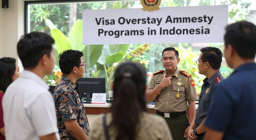 A professional photojournalism scene depicting the "Visa Overstay Amnesty Programs in Indonesia." In the foreground, a diverse group of individuals, including an Indonesian immigration officer in a formal uniform, are engaged in conversation with applicants in modest, professional attire. The middle ground features a welcoming government office setting with clear signage about visa amnesty. In the background, lush Indonesian greenery is visible through the window, contrasting with the structured office environment. The lighting is bright and natural, creating an inviting atmosphere. Capture the scene from a slight low angle to emphasize the interaction and the official setting, evoking a mood of hope and opportunity for those seeking assistance. The composition should convey clarity and professionalism, highlighting the importance of the amnesty program without distractions.