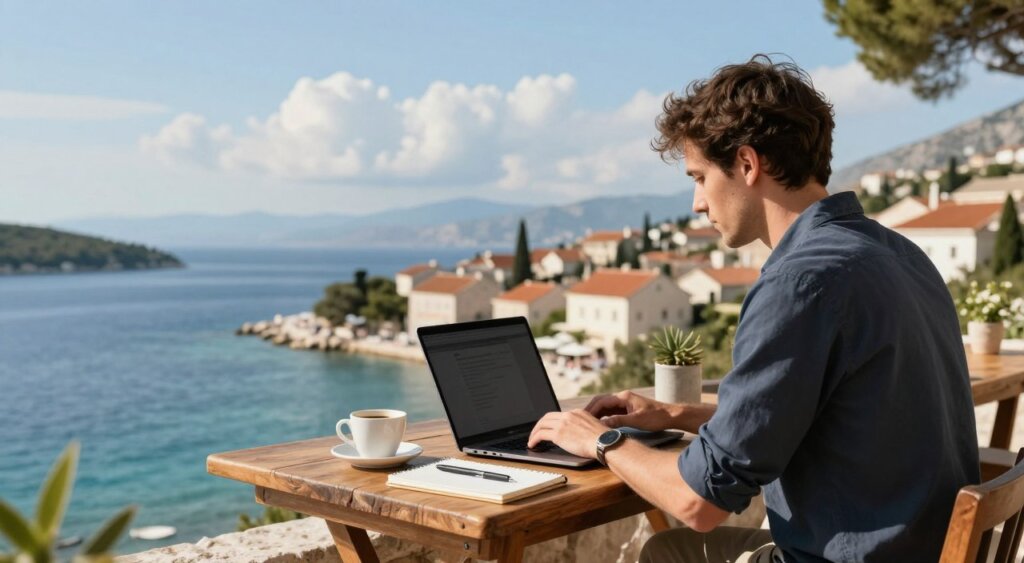 A professional, photojournalism-style depiction of a digital nomad working on a laptop overlooking the stunning coastal landscape of Croatia. In the foreground, a focused individual in smart casual attire sits at a rustic wooden table, typing on their laptop, with a notepad and a cup of coffee beside them. The middle ground features a panoramic view of the Dalmatian coastline, showcasing crystal-clear waters and charming seaside architecture. The background should include a clear blue sky with soft, fluffy clouds, emphasizing a tranquil atmosphere. Utilize natural lighting to enhance the scene, capturing warm sun rays illuminating the workspace, with a slight depth of field that keeps the focus on the individual while subtly blurring the background. Aim for a mood of inspiration and productivity aligned with the theme of a digital nomad lifestyle.