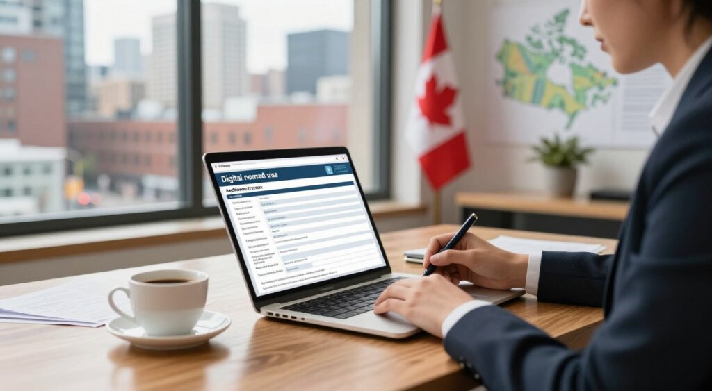 A professional, photojournalism-style depiction of the digital nomad visa application process in Canada. In the foreground, an individual dressed in professional business attire sits at a sleek wooden desk, intently filling out a visa application form on a laptop, surrounded by documents and a cup of coffee. The middle ground features a window showcasing a vibrant cityscape of a Canadian city, emphasizing a dynamic urban lifestyle. In the background, subtle elements like a Canadian flag and a map of Canada hint at the visa's focus. Natural light streams in through the window, creating a warm and inviting atmosphere, while a shallow depth of field keeps the focus on the applicant, capturing the hopeful essence of the journey ahead.