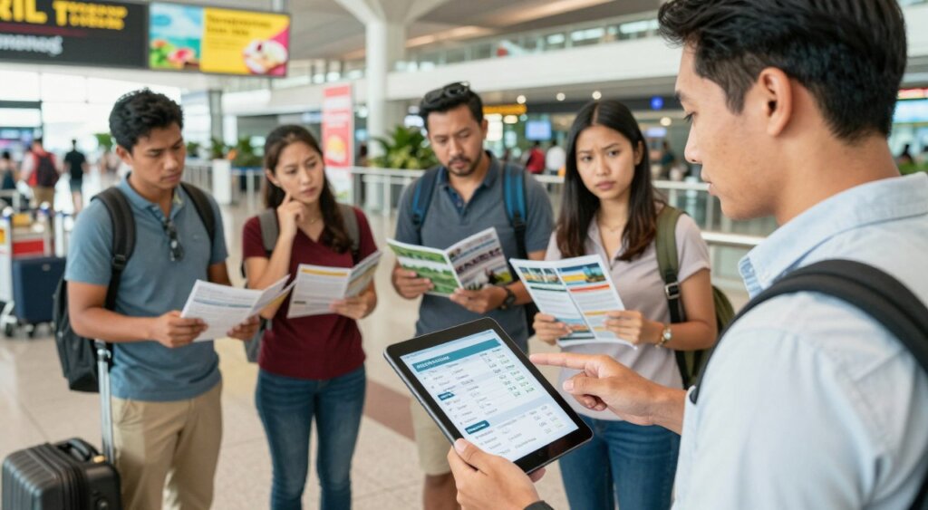 A professional, photojournalism-style image capturing a scene of travelers at a bustling Bali airport, focused on managing hidden fees in tours and activities. In the foreground, an attentive travel agent in smart casual attire is explaining a pricing breakdown using a tablet, showcasing tour options with clear and transparent fees. The middle ground features a group of diverse tourists, engaged but slightly puzzled, contemplating various brochures and activity flyers. The background displays the vibrant airport setting with luggage carts and colorful advertisements for tours and spas. Soft, natural lighting creates a warm atmosphere, while an angled shot adds depth, emphasizing the importance of transparency in travel. The mood is informative and engaging, highlighting the need for awareness in travel planning.