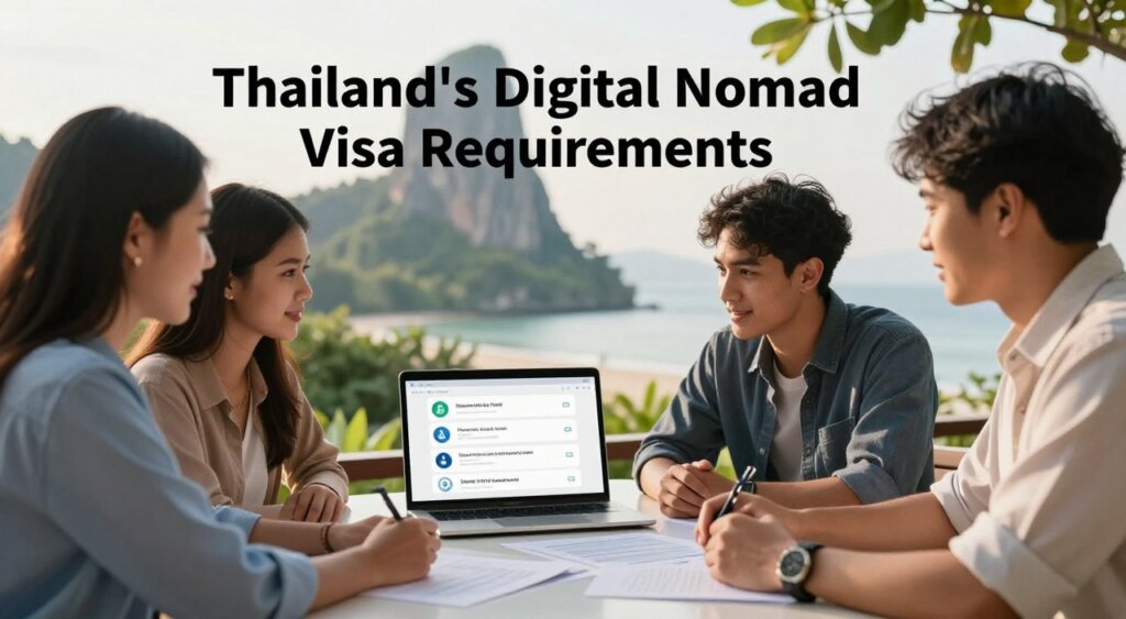A professional photojournalism-style image capturing the essence of "Thailand's Digital Nomad Visa Requirements." In the foreground, a diverse group of three people—one male and two females—dressed in business casual attire, are engaged in a focused discussion with a laptop and documents spread out on a table, symbolizing collaboration and planning. In the middle ground, an open laptop displays various icons representing different visa criteria like income level, freelance work, and health insurance. The background features an iconic Thailand landscape, such as lush greenery and a glimpse of a tranquil beach, bathed in soft, warm sunlight to evoke a sense of opportunity and adventure. The overall atmosphere is optimistic and professional, emphasizing the allure of Thailand as a digital nomad destination. The image should have a natural, candid feel, with a slight depth of field to enhance focus on the subjects.