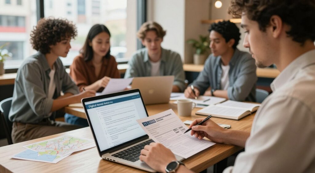A professional, photojournalism-style image depicting a diverse group of individuals engaged in the application process for a digital nomad visa. In the foreground, show a person at a desk with a laptop open, reviewing visa documents, dressed in smart casual attire. In the middle ground, include a small group of people in a cozy café setting, discussing application steps and sharing tips, with maps and notebooks scattered on the table. The background features a large window revealing a vibrant cityscape, symbolizing the freedom of remote work. Warm, natural lighting creates an inviting atmosphere, while a soft focus enhances the mood of collaboration and exploration, reflecting the theme of global connectivity and flexibility.