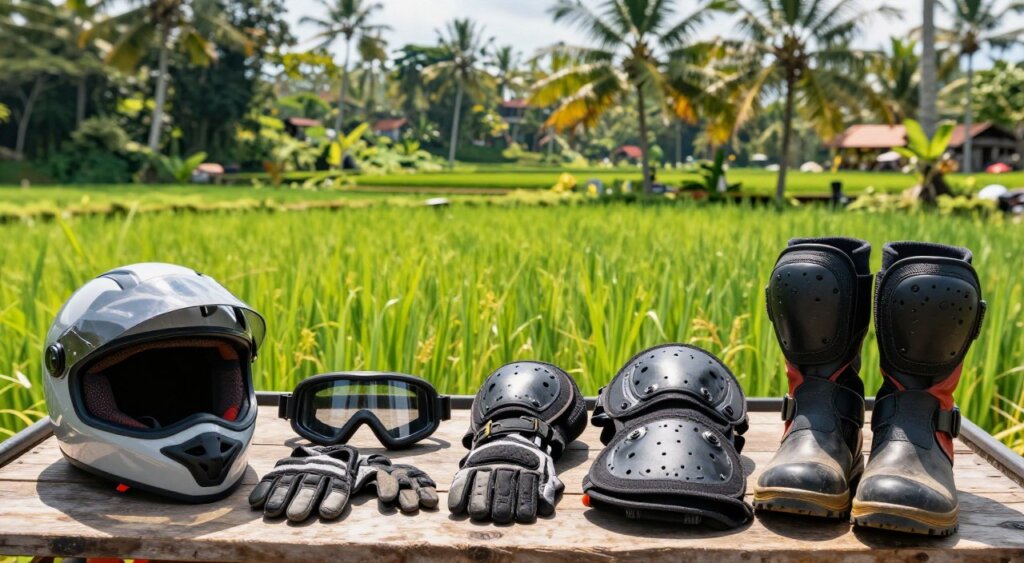 A professional photojournalism-style image depicting essential safety gear for ATV riding in Ubud, Bali. In the foreground, showcase a neatly arranged display of protective equipment: a full-face helmet, sturdy gloves, goggles, knee and elbow pads, and heavy-duty boots, all prominently featured with a tropical backdrop. In the middle ground, include a vibrant, green Ubud landscape with lush rice paddies and palm trees. Capture the bright midday sun illuminating the scene, creating dynamic shadows. The angle should be slightly elevated to provide a clear view of the gear while still integrating the beautiful natural surroundings. The overall mood should be adventurous yet responsible, emphasizing the importance of safety in outdoor activities. No text, watermarks, or human subjects are included.