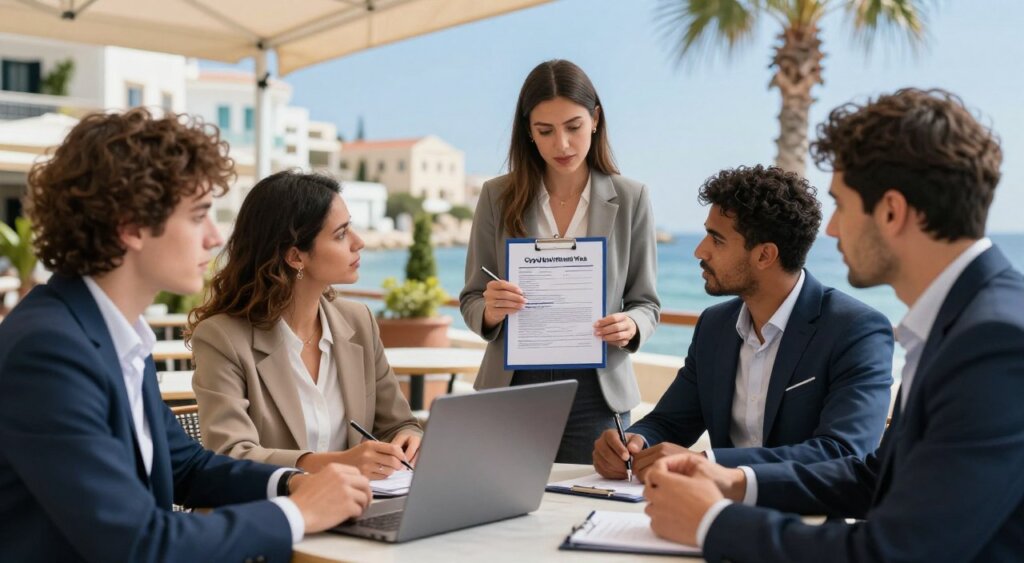 A professional photojournalism-style image depicting the application process for the Cyprus Digital Nomad Visa. In the foreground, a diverse group of individuals in smart business attire, representing various professions, are engaged in discussion around a laptop on an outdoor café table. In the middle ground, a woman taking notes while examining a detailed checklist showing visa requirements. The background features a picturesque view of Cyprus, showcasing its Mediterranean architecture and vibrant blue skies, with palm trees adding to the atmosphere. Natural lighting highlights the scene, imparting a warm, inviting mood. The composition captures a sense of collaboration and determination, emphasizing the exciting journey of applying for the visa.