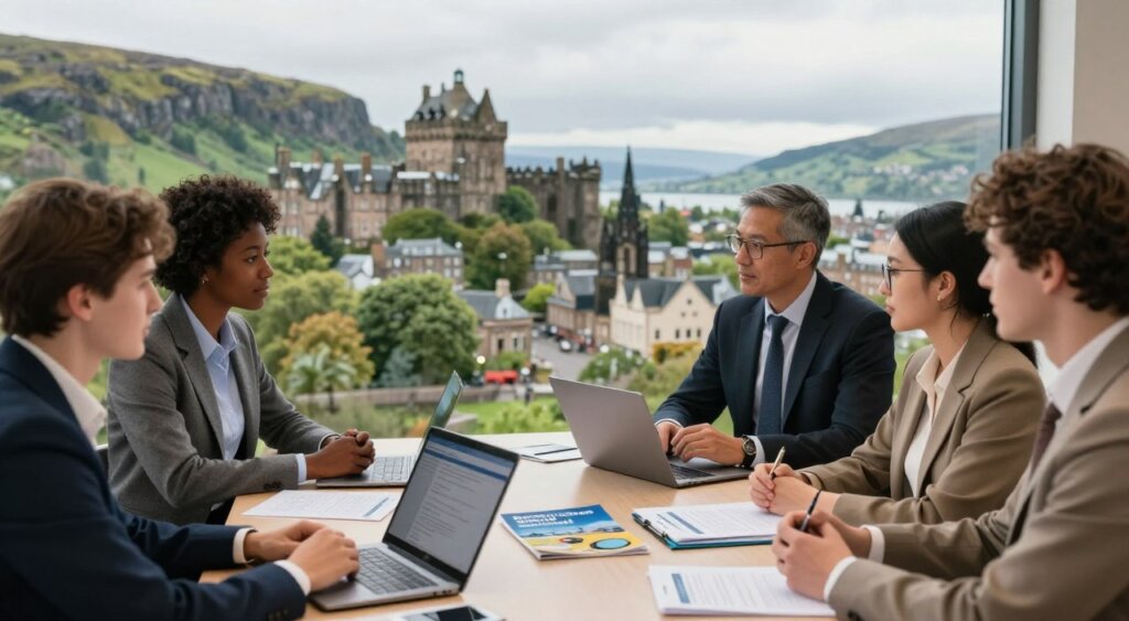 A professional photojournalism-style image depicting the concept of eligibility requirements for a Digital Nomad Visa in Scotland. In the foreground, a group of diverse professionals, dressed in smart business attire, are engaged in a discussion around a table filled with laptops, visa documents, and travel brochures. In the middle, an expansive view of Scotland's scenic landscape, showcasing the blend of urban and natural beauty, symbolizes the appeal of digital nomadism. The background features iconic Scottish architecture, like a castle and green hills, under soft, diffused lighting that creates an inviting atmosphere. The angle captures both the human element and the majestic surroundings, illustrating the balance between professional life and travel adventures. The mood is inspiring and aspirational, reflecting the spirit of exploration inherent to digital nomads.