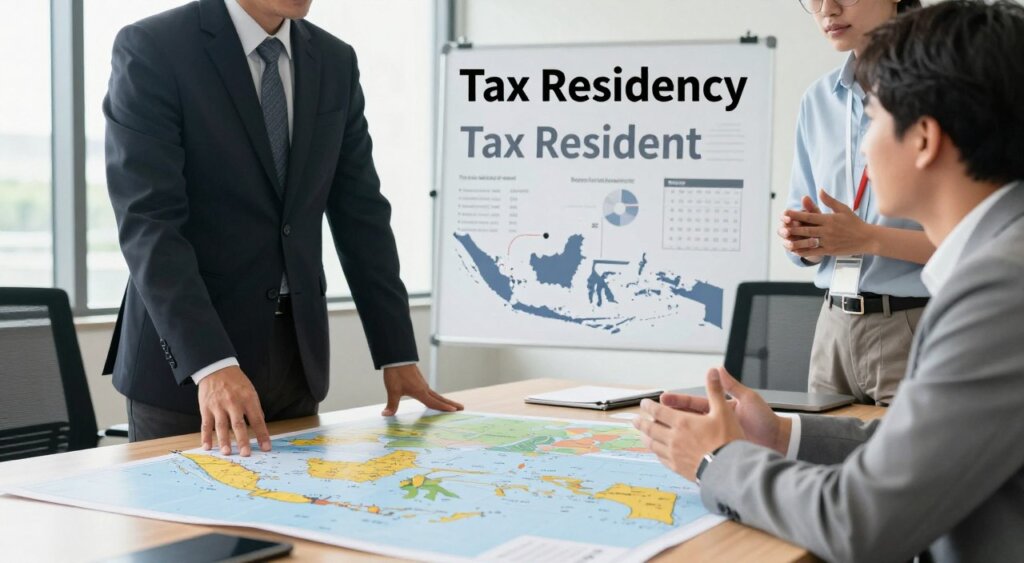 A professional photojournalism-style image depicting the concept of tax residency in Indonesia. In the foreground, one individual wearing a formal business suit, representing a foreign tax resident, is engaged in a discussion with another person in smart casual attire, symbolizing a local tax resident, both standing near a large map of Indonesia on a conference table. In the middle ground, illustrated elements such as graphs and charts display various classifications of tax residents, subtly integrated into the scene. The background features a modern office setting with natural light streaming through large windows, creating a bright and focused atmosphere. The overall mood is informative and professional, conveying the complexity and importance of tax residency in Indonesia.