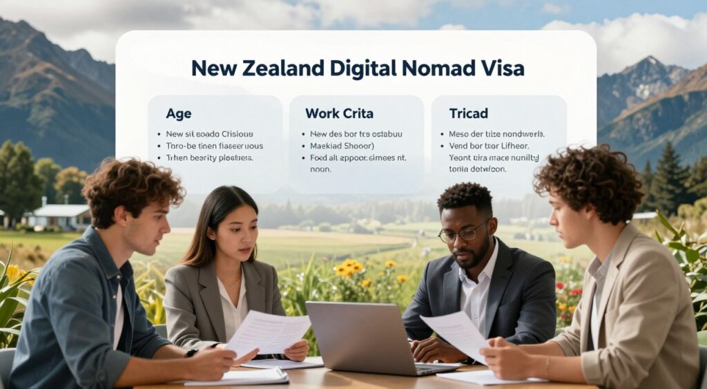 A professional, photojournalism-style image depicting the eligibility criteria for the New Zealand Digital Nomad Visa. In the foreground, a diverse group of three individuals, dressed in smart casual business attire, are engaged in discussion while reviewing documents on a laptop, symbolizing digital work. The middle layer features a large, detailed infographic outlining key eligibility points like age, work criteria, and income requirements, designed subtly against a vibrant, nature-inspired backdrop of New Zealand’s lush landscapes and iconic mountains. In the background, soft natural lighting filters through clouds, creating a warm, inviting atmosphere. The scene captures a sense of collaboration and innovation, evoking a feeling of opportunity and adventure that aligns with the digital nomad lifestyle.