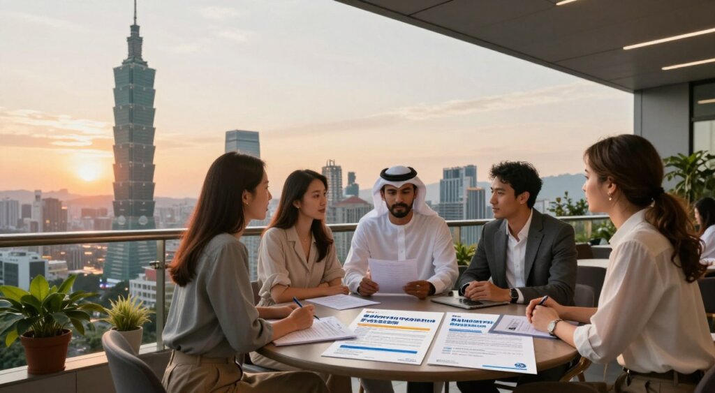 A professional photojournalism-style image depicting the health insurance requirements for Taiwan's digital nomad visa. In the foreground, a diverse group of individuals representing digital nomads—one Asian woman, one Middle-Eastern man, and one Caucasian woman—dressed in smart casual attire, are discussing health insurance options on a spacious balcony overlooking Taipei's vibrant skyline. The middle ground features a large table with brochures and documents about health insurance policies, while a few potted plants add warmth. The background reveals a sunset sky casting a golden hue over the city, highlighting landmarks like Taipei 101. Soft, natural lighting enhances the atmosphere, conveying a sense of professionalism and optimism about working remotely in Taiwan.