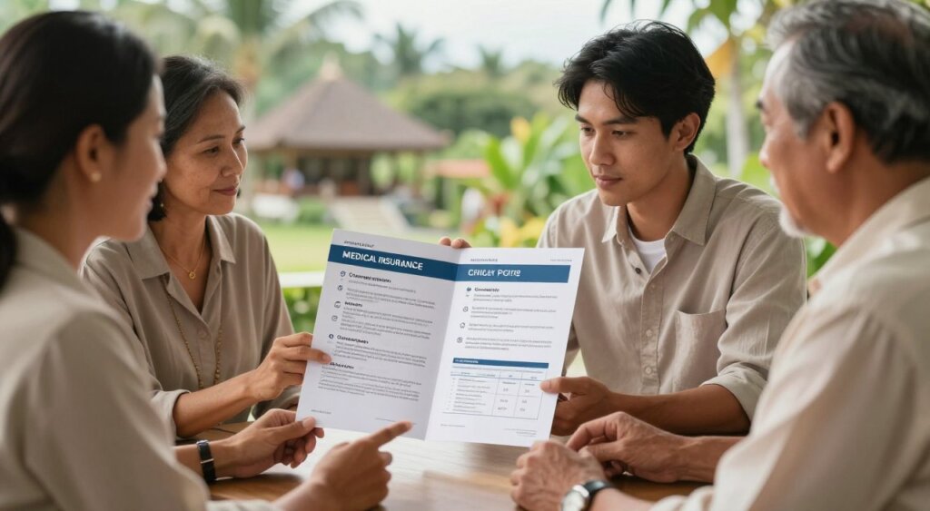 A professional photojournalism-style image depicting the key features of a Bali medical insurance policy. In the foreground, a diverse group of three individuals in modest, professional attire (a middle-aged woman, a young man, and a senior gentleman) engaged in a discussion over paperwork, highlighting a medical insurance policy document. In the middle ground, a detailed view of the brochure displaying icons and bullet points outlining essential features like coverage options, emergency care, and local hospital networks. The background features a serene Bali landscape with lush greenery and traditional architecture, conveying a sense of health and wellness. The lighting is soft and warm, creating an inviting atmosphere, captured with a shallow depth of field to enhance focus on the subjects and document.