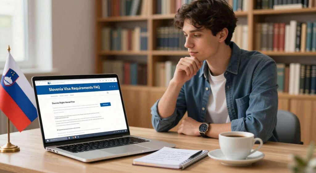 A professional, photojournalism-style image illustrating the concept of "Slovenia Visa Requirements FAQ." In the foreground, a neatly arranged desk with a laptop open to a webpage displaying the Slovenia Digital Nomad Visa criteria. Beside the laptop, a notepad with handwritten notes, a cup of coffee, and a small Slovenian flag. In the middle, a focused young professional in smart casual attire appears engaged in research, looking thoughtfully at the screen. The background features a softly lit library setting with shelves of books about travel and visa regulations. The lighting is warm and inviting, giving a sense of productivity and curiosity. The overall atmosphere should convey professionalism and an inviting workspace for digital nomads seeking information.