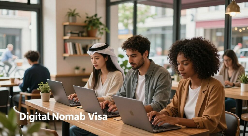A professional photojournalism-style image illustrating the concept of a "Digital Nomad Visa." Foreground: a diverse group of three individuals in smart casual attire, each working on laptops in a cozy coffee shop setting. One is a woman of Asian descent, another a Middle-Eastern man, and the third a Black woman; they are intently focused on their screens. Middle ground: a modern café interior, with potted plants and bookshelves lining the walls, soft natural light filtering through large windows. Background: a bustling street visible outside, with people and bicycles passing by, hinting at a vibrant city life. The atmosphere is warm and inviting, conveying productivity and global connectivity. Capture the scene with a shallow depth of field to emphasize the subjects while blurring the background.