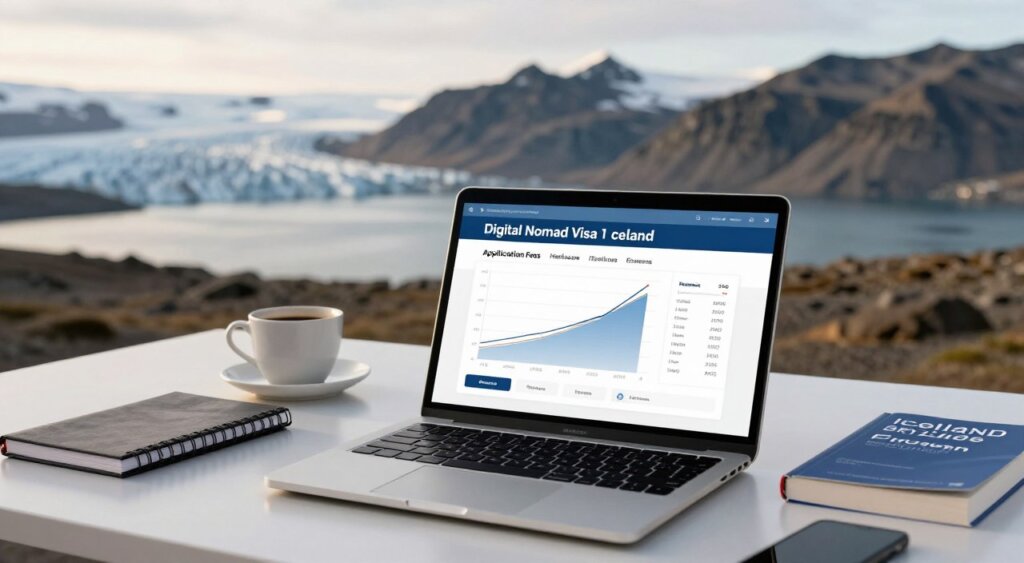 A professional photojournalism-style image illustrating the cost breakdown of the Digital Nomad Visa for Iceland. In the foreground, a laptop with a detailed graph showing various costs, such as application fees, healthcare, and living expenses, prominently displayed on the screen. In the middle ground, a clean, modern workspace with a cup of coffee, notebooks, and an Icelandic guidebook. In the background, a panoramic view of Iceland’s stunning landscape with soft sunlight illuminating dramatic mountains and glacial water, enhancing the remote work vibe. The atmosphere is focused and inspiring, capturing the essence of digital nomadism in Iceland. The scene is well-lit, with a slight depth of field that brings attention to the workspace while providing a rich background.
