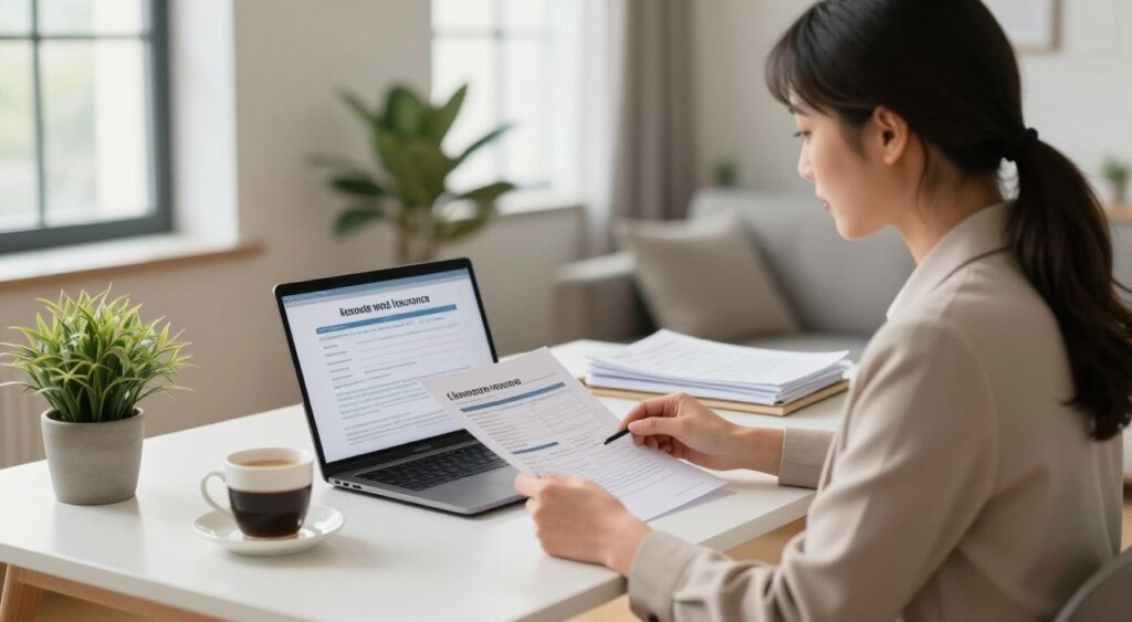 A professional photojournalism-style image illustrating the remote work insurance claims process. In the foreground, a focused businesswoman, dressed in smart casual attire, sits at a modern desk, analyzing papers and a laptop displaying insurance forms. In the middle ground, a well-organized workspace is seen with a potted plant, a cup of coffee, and documents neatly stacked, suggesting a productive remote work environment. The background features a bright home office with large windows allowing natural light to flood the room, creating a warm and inviting atmosphere. Soft, diffused lighting enhances the scene, emphasizing professionalism and clarity. The overall mood conveys efficiency and the importance of understanding the claims process in remote work insurance.