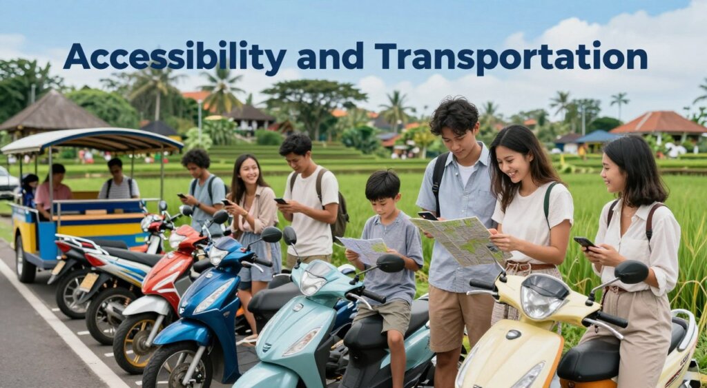 A professional photojournalism-style image illustrating the theme of "Accessibility and Transportation" in a vibrant Bali setting. In the foreground, showcase a well-organized local transportation hub with colorful scooters and taxis waiting for passengers. In the middle ground, depict a diverse group of travelers, including a young couple and a family, engaged in planning their journey using a map and smartphones, all dressed in modest, casual clothing. The background features iconic Balinese landscapes, including lush rice terraces and hints of cultural architecture, under a clear blue sky with soft, natural lighting. Capture this scene from a slightly elevated angle to provide depth, evoking a sense of adventure and ease in navigating Bali's transport options. The overall mood should be welcoming and inspiring, perfect for highlighting accessibility.