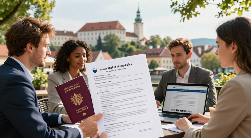 A professional photojournalism-style image showcasing the Slovenia Digital Nomad Visa requirements. In the foreground, a diverse group of three individuals, dressed in professional business attire, are discussing documents at an outdoor café with a picturesque backdrop of Slovenia’s iconic architecture. In the middle, a close-up of an open passport and visa application form, with clear details visible, alongside a laptop displaying a travel website. The background features the stunning Ljubljana Castle, bathed in warm afternoon sunlight, with lush greenery framing the scene. Use natural lighting to create an inviting and vibrant atmosphere, emphasizing clarity and guidance, making it suitable for an informative article.
