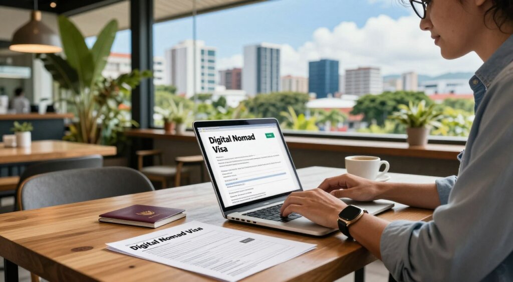 A professional, photojournalism-style image showcasing the process of applying for a Digital Nomad Visa in Panama. In the foreground, a focused individual, dressed in smart casual attire, types on a laptop at a trendy cafe with tropical plants in the background. The middle ground features a well-organized desk with visa application forms, a passport, and a cup of coffee. In the background, a bright and inviting Panamanian cityscape is visible, with sleek buildings and lush greenery under a clear blue sky. Natural light pours through large windows, creating a warm and productive atmosphere. The scene conveys a sense of ambition and excitement about the digital nomad lifestyle.