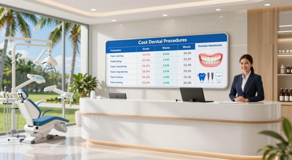 A professional photojournalistic scene illustrating a cost comparison of dental procedures in Bali. In the foreground, a clean, modern dental clinic reception area featuring sleek furniture and a friendly receptionist in business attire. In the middle ground, a well-organized display board showing a clear cost comparison chart of common dental procedures, such as teeth cleaning and implants, with easy-to-read graphics. The background showcases a sunny, tropical Bali environment through large windows, highlighting palm trees and a blue sky, creating a welcoming atmosphere. The lighting is bright and natural, with soft shadows, capturing the essence of a vibrant, affordable dental experience in paradise. The composition should convey a sense of professionalism and approachability.