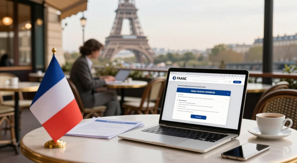 A professional, photojournalistic-style image depicting the essence of a long-stay visa for remote workers in France. Foreground: An elegant desk with a French flag and a laptop, open to a webpage about the visa application process. Middle: A well-dressed person in professional attire, focused on working, surrounded by travel documents, a coffee cup, and a smartphone. Background: A soft-focus view of a classic Parisian café with outdoor tables and the Eiffel Tower visible in the distance, under gentle afternoon sunlight. Mood: Inspirational and aspirational, conveying a sense of opportunity and wanderlust. The lighting should be warm and inviting, enhancing the professional yet relaxed atmosphere of remote work in France.