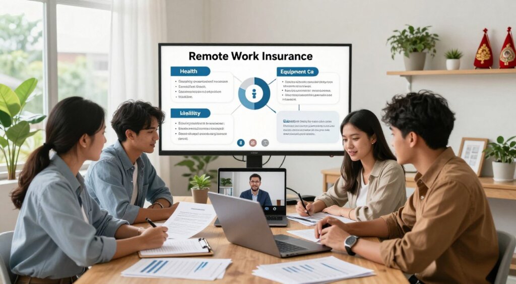 A professional photojournalistic-style image illustrating the concept of remote work insurance types in Indonesia. In the foreground, display a diverse group of young professionals in smart casual clothing, engaged in a video conference on a laptop, surrounded by paperwork and insurance brochures. In the middle ground, a detailed infographic about various insurance options like health, liability, and equipment coverage, artistically integrated into the scene. The background should feature a cozy, modern home office setup with indoor plants, large windows allowing natural light to flood in, and traditional Indonesian decorations subtly placed, creating a warm and inviting atmosphere. The lighting should be bright and soft, emphasizing professionalism and clarity. Aim for a detailed, realistic style capturing the essence of contemporary remote work culture in Indonesia.