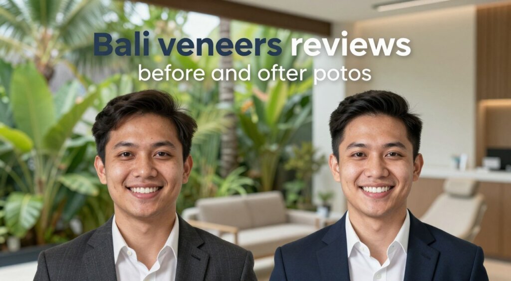 A professional photojournalistic-style image showcasing "Bali veneers reviews before and after photos." The foreground features two side-by-side portraits of a satisfied individual; the left shows their original smile with slight imperfections, while the right reveals their bright, confident smile after receiving Bali veneers. The person is dressed in smart casual attire, exuding positivity and satisfaction. In the middle ground, a serene Bali backdrop with lush greenery and soft natural light enhances the ambiance. The background includes subtle elements like a dental clinic or a plush waiting area, adding context without distracting. The overall mood is uplifting and inspiring, capturing the transformative success of the Bali veneers experience.