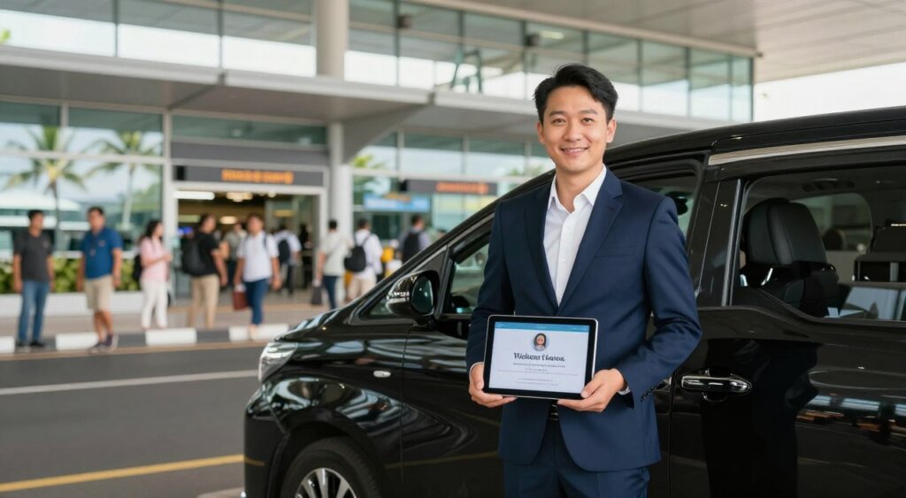 A professional private transfer driver stands outside a sleek, black luxury vehicle at Bali Airport. The driver, wearing a smart navy suit and a white dress shirt, holds a tablet displaying a guest's name. In the foreground, the driver's confident posture conveys professionalism. The middle ground features the modern terminal building with travelers in the background. Bright, natural sunlight filters through the terminal's glass facade, creating a warm and inviting atmosphere. Palm trees sway gently in the soft breeze outside, hinting at the tropical setting. The photo is captured at eye level with a shallow depth of field, focusing on the driver while softly blurring the busy airport ambiance behind. The mood is friendly and welcoming, suitable for vacation planning.