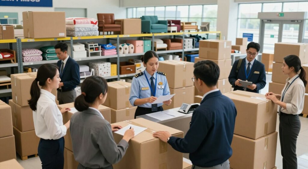 A professional, realistic depiction of the final steps of shipping household goods to Indonesia, showcasing a bustling customs area. In the foreground, a diverse group of professionals in business attire is coordinating the inspection of labeled cardboard boxes, demonstrating teamwork and focus. The middle ground features a customs officer, diligently reviewing paperwork against a backdrop of well-organized shelves stacked with household items, including furniture and personal effects. In the background, the interior of a customs facility is well-lit, with large windows allowing natural light to illuminate the space, creating an inviting atmosphere. The image captures a sense of urgency and professional diligence as staff engage in important discussions amidst the stacks. The camera angle is slightly elevated to provide a comprehensive view of the scene, emphasizing the organized chaos of international shipping.