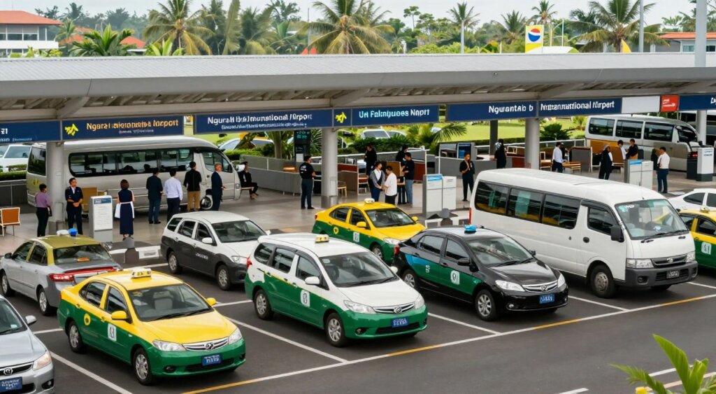 A professional, realistic photojournalistic depiction of a detailed breakdown of airport transfer options available from Ngurah Rai International Airport, Bali. In the foreground, showcase an array of diverse transportation options including taxis, shuttle buses, and private car services, each labeled and arranged neatly. The middle layer features a well-maintained airport terminal with travelers interacting in a natural, casual business environment, dressed in professional attire. The background reveals tropical greenery typical of Bali, enhancing the exotic ambiance. Use soft, natural lighting to create an inviting atmosphere, with a slightly elevated angle to capture all elements effectively. The composition should emphasize organization and clarity, inviting viewers to explore various transfer options without any text or distractions.