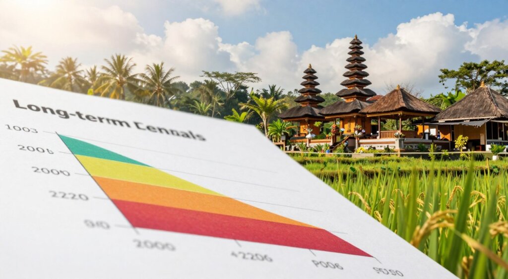 A professional, realistic photojournalistic image depicting pricing trends for long-term rentals in Bali. In the foreground, a detailed graph or chart illustrating monthly rental prices, using vibrant colors to represent different price ranges. The middle ground features a serene Bali landscape with traditional Balinese architecture, lush greenery, and a hint of rice paddies under soft, natural lighting. In the background, a blue sky with fluffy clouds enhances the vibrant tropical atmosphere. The image should capture a warm, inviting mood, conveying the appeal of Bali as a destination for long-term rentals. Use a slight tilt-angle lens perspective to create depth in the composition, ensuring the image is visually engaging and informative.