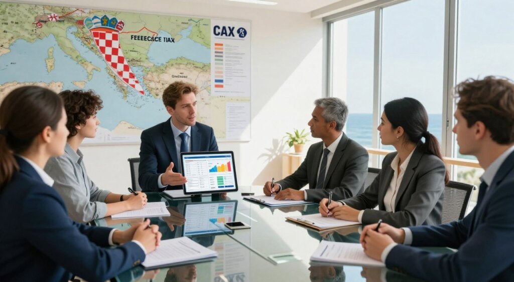 A professional scene depicting a Croatian freelance visa tax consultation. In the foreground, a confident individual in business attire, animatedly discussing taxation details with a diverse group of professionals sitting around a sleek glass conference table. The middle layer features a large map of Croatia on the wall, highlighting key cities like Zagreb and Dubrovnik, while a digital tax calculator and documents are spread on the table, showcasing detailed graphs and figures. In the background, large windows reveal a vibrant coastal view of the Adriatic Sea, bathed in soft, natural sunlight, creating an inspiring atmosphere. The image captures a sense of professionalism, clarity, and readiness, evoking a feeling of empowerment and opportunity for digital nomads navigating their tax obligations.