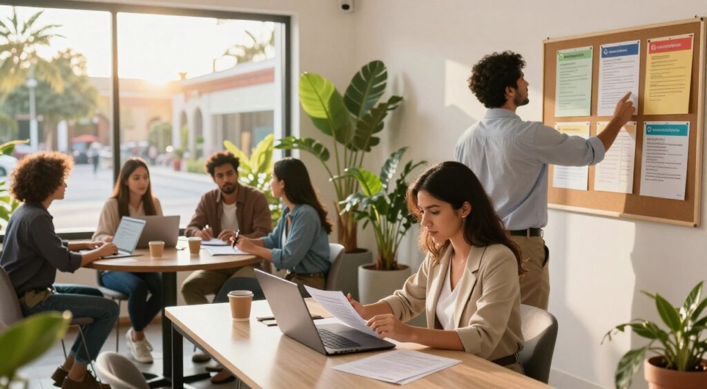 A professional scene showing a diverse group of remote workers in a sunny co-working space in Mexico, focusing on the essential requirements for the Digital Nomad Visa. In the foreground, a young woman in business casual attire is seated at a sleek desk with a laptop open, reviewing documents related to visa applications. Beside her, a man in a smart shirt gestures toward a bulletin board filled with colorful flyers outlining the visa requirements. In the middle ground, additional workers share ideas at a round table, surrounded by lush indoor plants, creating a vibrant and productive atmosphere. The background reveals large windows with a view of a sunny plaza, golden-hour lighting filtering through, enhancing the warm, welcoming mood of a bustling workspace. The composition should evoke a sense of collaboration and ambition among digital nomads.