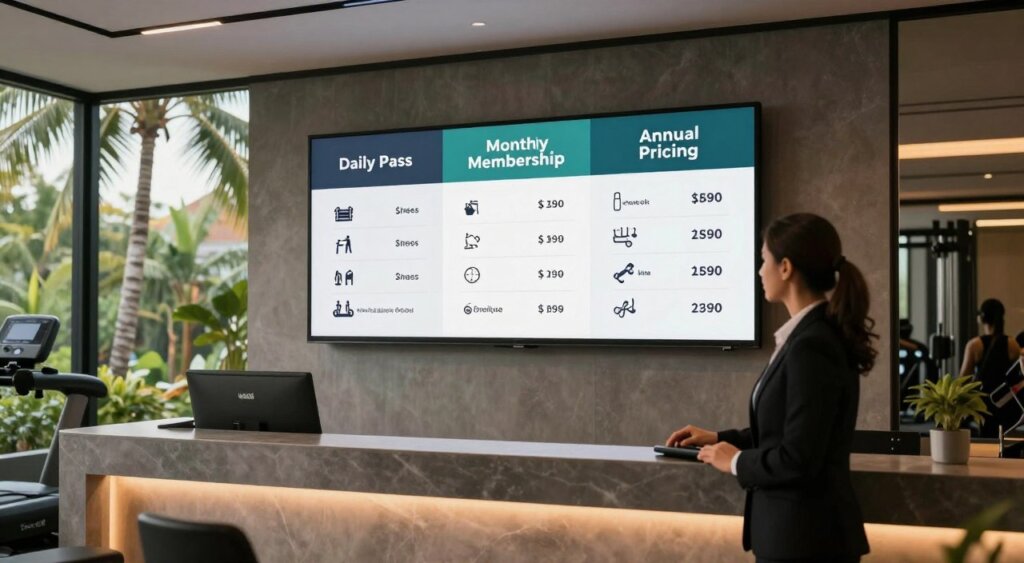 A professional, serene gym environment in Bali showcasing various membership pricing options displayed on a stylish digital board. In the foreground, a modern, sleek reception area with a fitness professional in professional business attire, welcoming clients. The middle section features the pricing options clearly organized on the board, with categories like "Daily Pass," "Monthly Membership," and "Annual Pricing," accompanied by icons of gym facilities. The background reveals a lush outdoor space visible through large glass windows, with palm trees swaying gently under soft, warm lighting that creates a calming atmosphere. The image is captured at a slight angle to emphasize depth, reminiscent of high-quality photojournalism, reflecting the vibrant yet tranquil essence of a Bali gym.