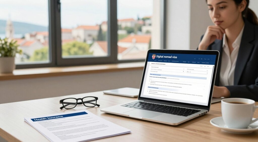 A professional, serene office space with a laptop open displaying a digital nomad visa application for Croatia, prominently featuring health insurance requirements. In the foreground, a neatly arranged desk with a health insurance policy document, glasses, and a coffee mug. The middle ground showcases a person in professional attire, reviewing information on the laptop, with a thoughtful expression. The background features a large window with a bright, sunny view of a Croatian cityscape, filled with historical architecture and vibrant greenery. Soft natural light fills the room, creating a warm and inviting atmosphere. The focus is sharp on the desk, with a slight bokeh effect on the background, lending a professional, photojournalism quality to the image.