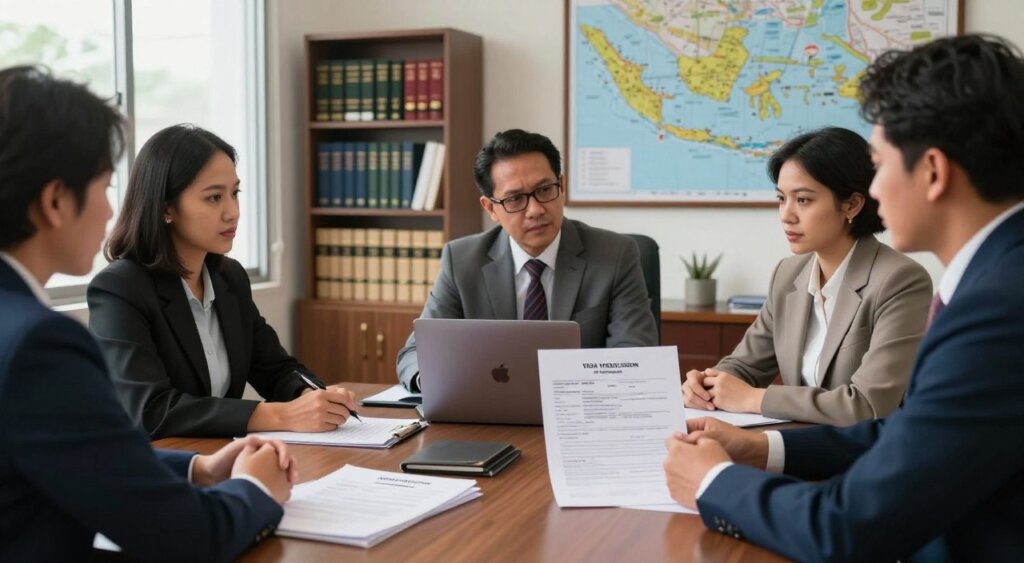 A professional setting depicting a legal consultation regarding Indonesian visa refusal grounds. In the foreground, a diverse group of individuals in business attire engage in a serious discussion at a sleek conference table, with documents, a laptop, and a visa application prominently displayed. The middle ground features a well-organized office with shelves of legal books and a large window allowing soft, natural light to illuminate the scene. In the background, a map of Indonesia hangs on the wall, subtly reinforcing the context. The atmosphere is focused and attentive, conveying a sense of urgency and professionalism. The composition captures the intricate balance of legal assistance within the context of visa issues, aiming for a documentary-style realism with rich, warm tones and sharp focus.