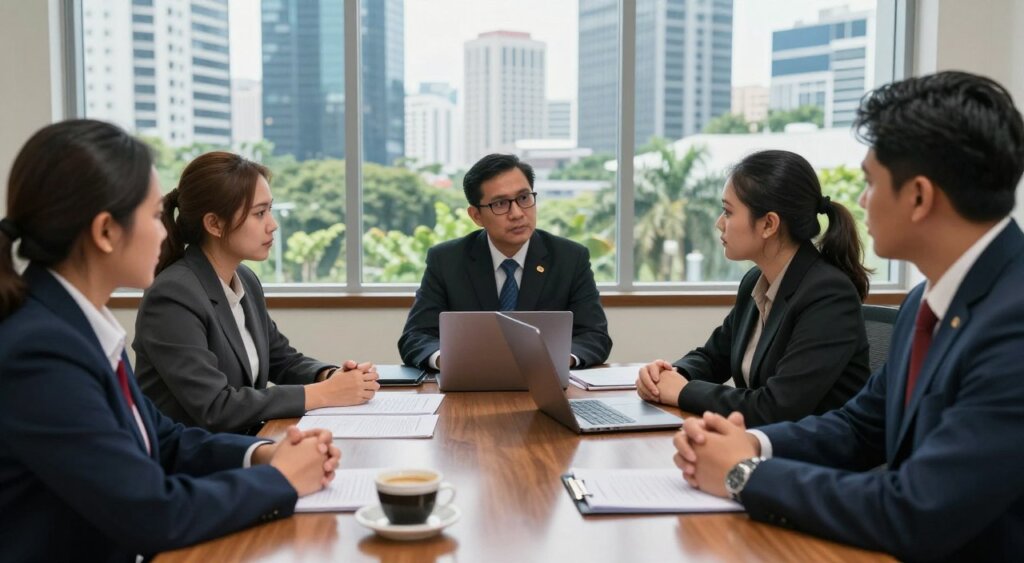 A professional setting depicting a legal consultation regarding visa denial in Indonesia. In the foreground, a diverse group of individuals in professional attire, including a lawyer and clients, are engaged in a discussion, with focused expressions. The middle-ground features legal documents, a laptop, and a cup of coffee on a polished wooden table, symbolizing the serious nature of the consultation. In the background, a large window reveals a bustling Jakarta cityscape, with tall buildings and palm trees, under soft natural light. The atmosphere is serious yet hopeful, reflecting the pursuit of justice and the exploration of legal options. Capture this scene in a documentary photography style, using a wide-angle lens, ensuring sharp detail and vibrant colors.