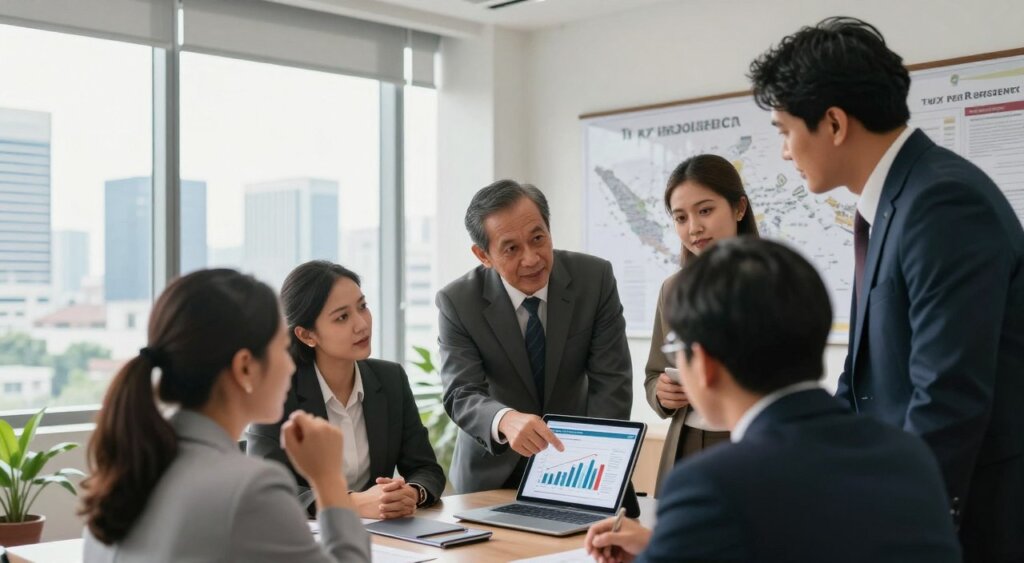 A professional setting depicting a modern office environment focused on tax residency requirements in Indonesia. In the foreground, a diverse group of business professionals in smart attire is engaged in discussion; a middle-aged Indonesian man pointing at a digital tablet displaying a graph of residency duration. In the middle ground, there's a large window showcasing an urban Indonesian skyline, and a map of Indonesia is subtly displayed on the wall behind them. The background features soft, natural lighting pouring in through the window, creating a warm and inviting atmosphere. The angle is slightly angled from above to capture both the group and the skyline, emphasizing collaboration and professionalism. The overall mood conveys a serious yet hopeful approach to understanding tax residency.