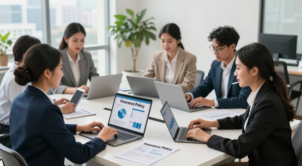 A professional setting depicting remote work insurance in Indonesia, featuring a diverse group of remote workers engaged in a virtual meeting. In the foreground, show a well-dressed Indonesian woman in business attire, sitting at a modern desk with a laptop and paperwork labeled "Insurance Policy." In the middle ground, include a mixed-gender group of professionals, appearing focused and collaborative, utilizing digital devices—tablets and smartphones—displaying graphs and charts related to insurance. The background showcases a bright, contemporary office space with potted plants and large windows revealing a cityscape. Soft, natural lighting filters in, creating an optimistic and professional atmosphere. Use a slightly elevated angle for a captivating perspective that emphasizes the teamwork and the importance of remote work insurance.