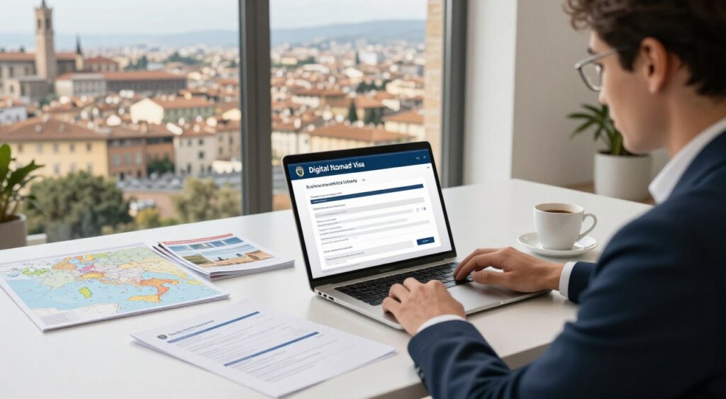 A professional setting depicting the application process for a digital nomad visa in Italy. In the foreground, a focused individual in business attire, seated at a modern desk cluttered with documents, a laptop open displaying Italian visa application forms. The middle layer shows a well-organized workspace with a map of Italy, travel brochures, and a cup of coffee, symbolizing exploration and work-life balance. In the background, soft natural light filters through a large window, illuminating a skyline view of a vibrant Italian city with historic architecture. The mood is optimistic and productive, capturing the essence of remote work and travel. The angle should be slightly elevated to encompass the entire scene, creating depth and perspective.