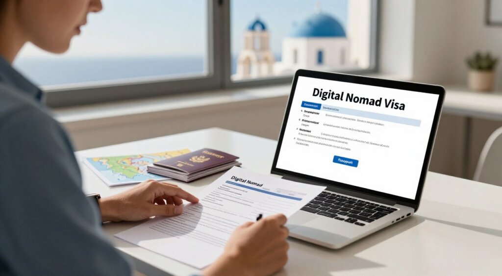 A professional setting depicting the application process for the Digital Nomad Visa in Greece. In the foreground, a focused individual in smart casual attire is seated at a modern desk, reviewing documents and forms with a laptop open, showing a digital version of the visa application. The middle ground features a neat stack of passports and a map of Greece, indicating travel intent. The background is softly blurred to reveal a sunlit window with views of iconic Greek architecture, such as white-washed buildings and blue domes under a clear sky. The lighting is warm and inviting, creating a relaxed yet professional atmosphere. Capture the scene using a shallow depth of field, as if taken with a 50mm lens, emphasizing the subject and the visa materials.