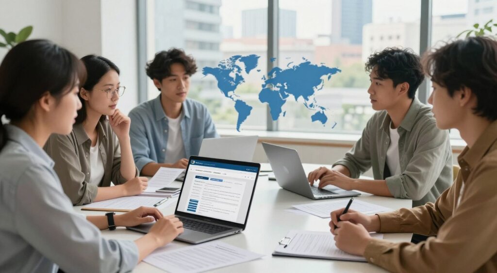 A professional setting depicting the digital nomad visa application process. In the foreground, a diverse group of individuals dressed in smart casual clothing are engaged in discussion over a laptop and various documents on a sleek modern desk. The middle layer features an organized workspace with application forms, a laptop displaying an online visa application portal, and a world map highlighting EU countries. In the background, a large window reveals a sunny cityscape, suggesting a vibrant metropolitan environment. The lighting is bright and inviting, creating a sense of optimism and opportunity. The atmosphere is focused yet relaxed, embodying the essence of remote work and global mobility, captured in a realistic photojournalism style reminiscent of National Geographic quality.