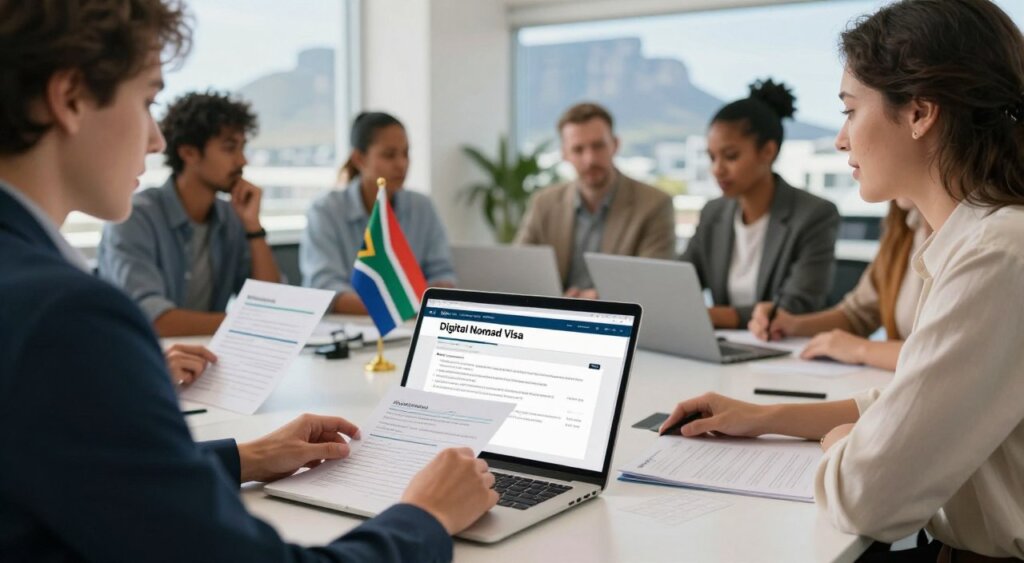 A professional setting depicting the visa application process for the Digital Nomad Visa in South Africa. In the foreground, an individual in smart casual attire is seated at a modern desk, reviewing documents with a laptop open, showcasing an online application form. In the middle ground, a diverse group of people, representing different nationalities, are engaged in discussions, with various application materials and a South African flag subtly displayed. The background features a well-lit office environment with a window revealing a glimpse of Cape Town’s Table Mountain. Natural daylight illuminates the scene, creating an optimistic and focused atmosphere. The composition is shot with a wide-angle lens, emphasizing collaboration and the intricate details of the visa process, all captured in a sharp, professional photojournalism style.