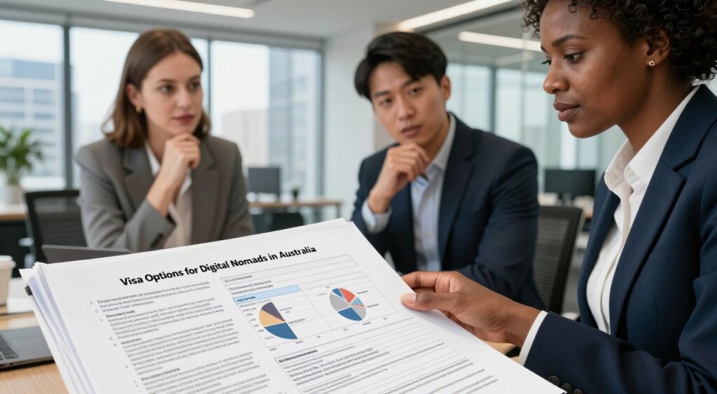 A professional setting featuring a diverse group of individuals wearing business attire, engaged in a discussion around a large, detailed documents discussing "Visa Options for Digital Nomads in Australia." In the foreground, a close-up of an open legal document with charts and notes, conveying the complexities of immigration laws. In the middle, a group of three professionals — a Caucasian woman, an Asian man, and a Black woman — examining the document, deep in conversation and looking thoughtfully at each other. The background features an office with modern design elements, such as large windows showcasing a city landscape, natural light pouring in, casting soft shadows. The atmosphere is focused and collaborative, suggesting an important exchange of knowledge.