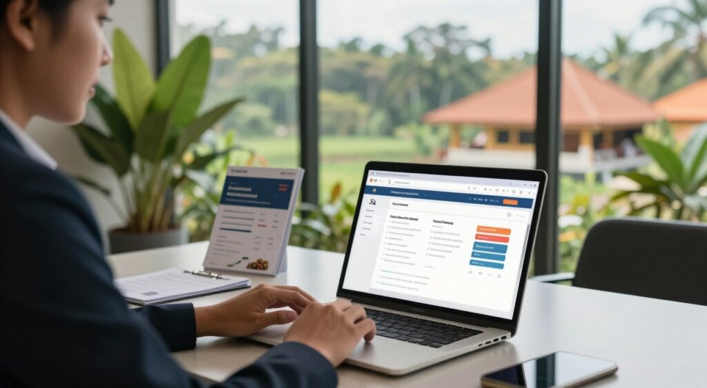 A professional setting featuring a modern business representative seated at a sleek desk in a stylish office overlooking the beautiful landscapes of Bali. The foreground highlights a laptop with an open online banking interface, showcasing various banking features like account management, fund transfers, and investment options. In the middle ground, a tropical plant and banking brochures add a touch of Bali’s culture. The background reveals a panoramic view of lush greenery and vibrant Bali architecture through large windows. Soft, natural light pours in, creating a warm and inviting atmosphere. The photographer uses a slight depth of field to focus on the details of the online banking screen, while the vibrant environment maintains a balance, illustrating the fusion of business and tropical lifestyle.