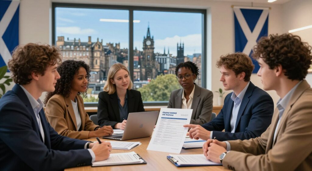 A professional setting highlighting the process of applying for a digital nomad visa in Scotland. In the foreground, a diverse group of individuals dressed in smart casual attire, engaged in discussion around a table loaded with documents and a laptop. One person points at a clear checklist showing visa requirements. In the middle ground, a large window reveals the iconic Edinburgh skyline, with historic architecture contrasted against a clear blue sky. Soft, warm lighting illuminates the space, creating an inviting atmosphere. In the background, a Scottish flag hangs on the wall, symbolizing the location. The overall mood is focused and optimistic, portraying the excitement of new opportunities in Scotland for digital nomads.
