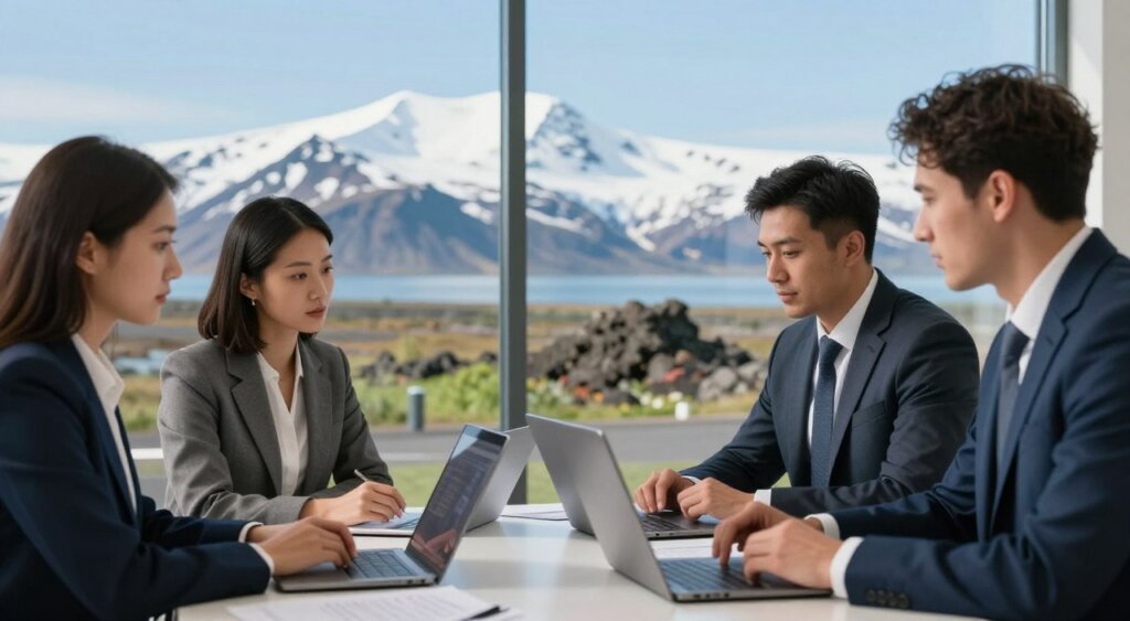 A professional setting in Iceland, with a focus on digital nomads analyzing tax implications. In the foreground, a diverse group of three individuals in professional business attire, including a woman in a smart blazer and two men in tailored suits, gathered around a table with laptops open and documents spread out, discussing strategies. The middle ground features a large window revealing Iceland's majestic landscape, displaying snow-capped mountains and a clear blue sky, symbolizing the allure of working abroad. The background includes subtle visual references to Iceland, such as volcanic rock formations and greenery. The lighting is bright and natural, with soft shadows providing depth. The image conveys a serious and focused atmosphere, reflecting the importance of understanding tax regulations for international workers.