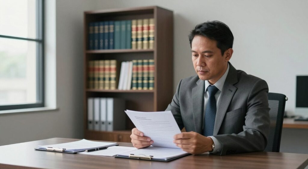 A professional setting in a minimalist, modern office, showing a confident, professional-looking immigration lawyer seated at a sleek desk. The lawyer, a middle-aged person of Indonesian descent, is wearing a tailored suit, looking thoughtfully at a notebook filled with questions. In the foreground, there are scattered documents and a pen, emphasizing a sense of inquiry. In the middle ground, a tall bookshelf is filled with legal books and resources about immigration laws, adding depth. The background features a large window with soft natural light streaming in, casting gentle reflections. The atmosphere is serious yet approachable, evoking trust and professionalism, reminiscent of a high-quality National Geographic photojournalism style.