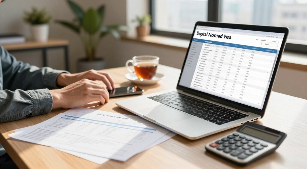 A professional setting showcasing a digital nomad visa financial requirements theme. In the foreground, a modern laptop opened to a financial spreadsheet, surrounded by essential documents like a visa application, bank statements, and a calculator. In the middle ground, a fingers typing on the keyboard, wearing smart casual attire, suggesting professionalism. A soft focus on a cup of coffee or tea beside the laptop, evoking a relaxed yet productive atmosphere. The background features a cozy, well-lit workspace with plants and a cityscape view through a window, symbolizing remote work opportunities. Natural lighting casts warm shadows, enhancing the inviting mood. The composition balances clarity and depth, inviting viewers to grasp the essence of financial planning for the digital nomad visa.